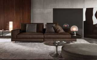 Interior con un sofá marrón, las reglas de elección y ubicación.
